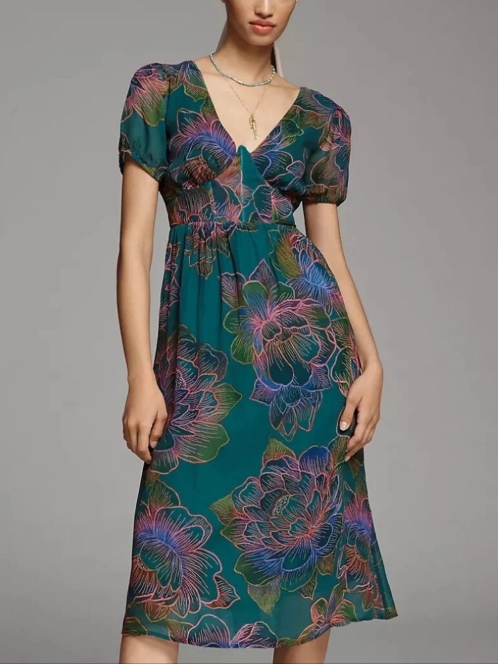 Farm Rio × Anthropologie Puff Sleeve Corset Midi Dress In Teal Multi Floral
